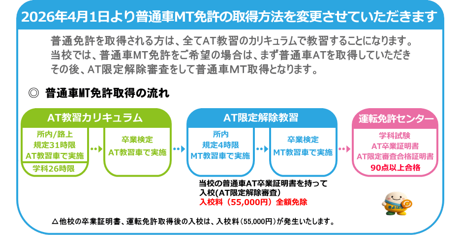 2026年4月1日より普通車MT免許の取得方法を変更させていただきます